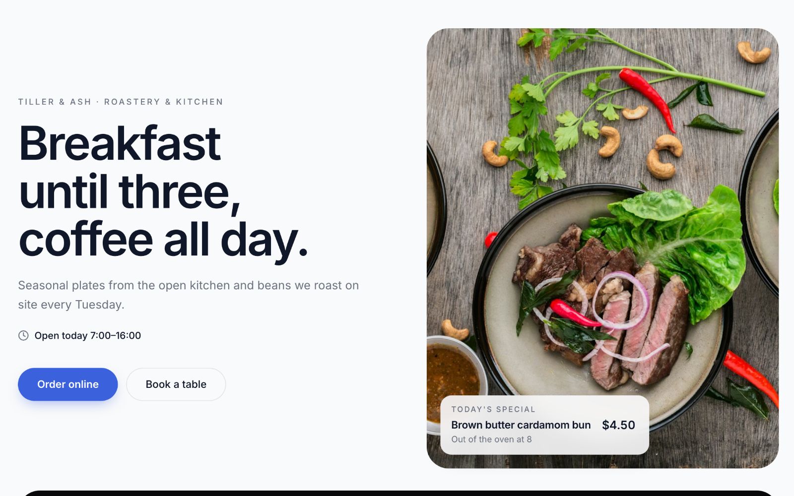 An example screen made with Atomix for a restaurant website